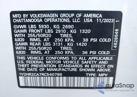 2024 Volkswagen Atlas 2.0T Se W/Technology z USA, uszkodzony, nr VIN 1V2HR2CA7RC540786